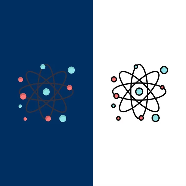Atom, partikel, molekyl, fysik ikoner. Platt och linje fyllt I — Stock vektor
