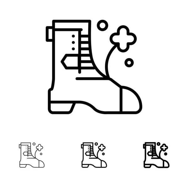 Cipők, boot, Írország félkövér és vékony fekete vonal ikonkészlet — Stock Vector