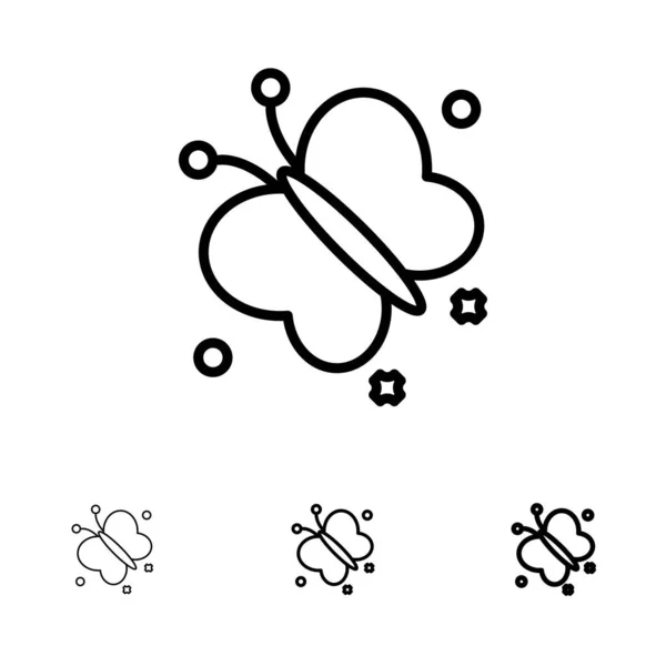 Schmetterling, Fliege, Frühling, Schönheit fett und dünne schwarze Linie Icon Set — Stockvektor