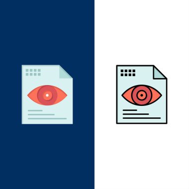 Dosya, Metin, Göz, Bilgi İşlem Simgeleri. Düz ve Çizgi Dolu Simge Seti