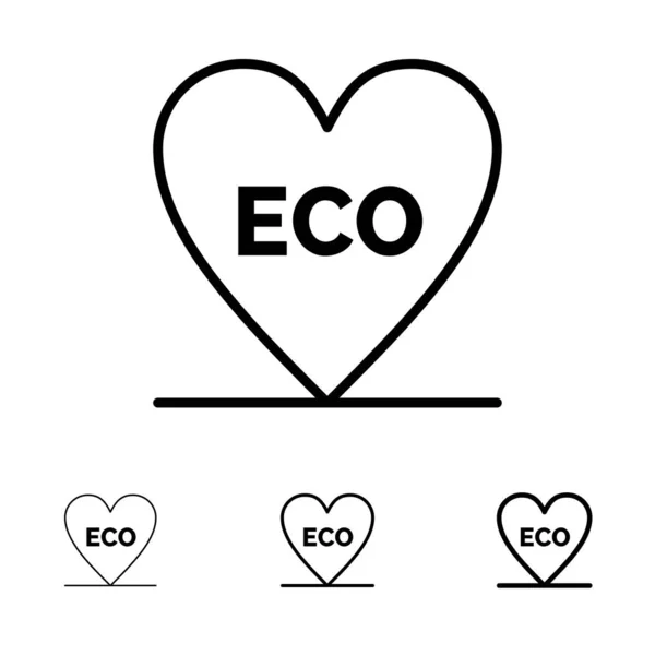 Eko, serce, miłość, środowisko pogrubienie i cienka Czarna linia ikona zestaw — Wektor stockowy