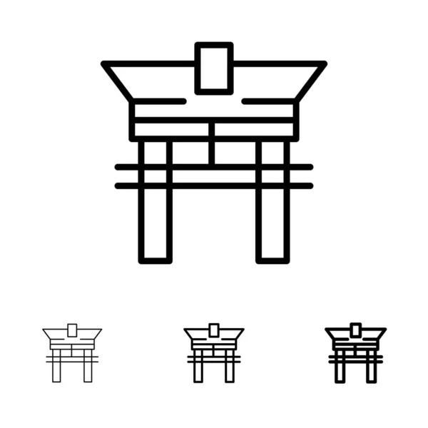 Portão, Ponte, China, Chinês negrito e fino conjunto de ícones de linha preta —  Vetores de Stock