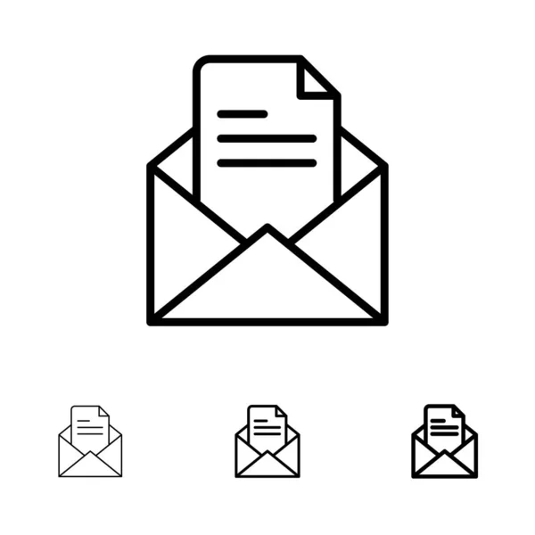 テキスト、メール、オフィス、鉛筆太字と細い黒い線のアイコンセット — ストックベクタ