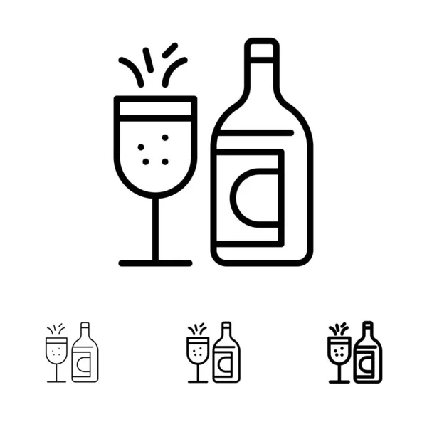 Glas, Fles, Pasen, Drink Vet en dun zwart lijn pictogram set — Stockvector