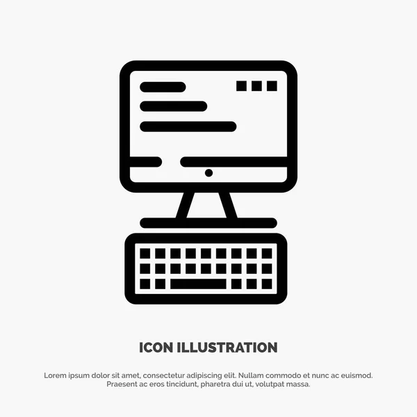 Ordenador, Teclado, Monitor, Computación Vector Line Icon — Vector de stock