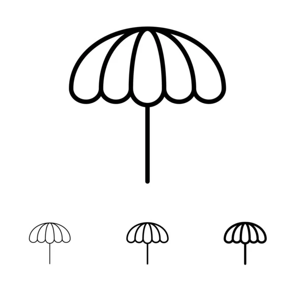 Tengerpart, esernyő, időjárás, nedves félkövér és vékony fekete vonal ikon készlet — Stock Vector