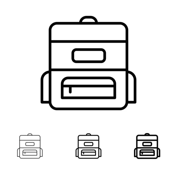 Bolsa, Educación, Bolso escolar Conjunto de iconos de línea negra audaz y delgada — Vector de stock