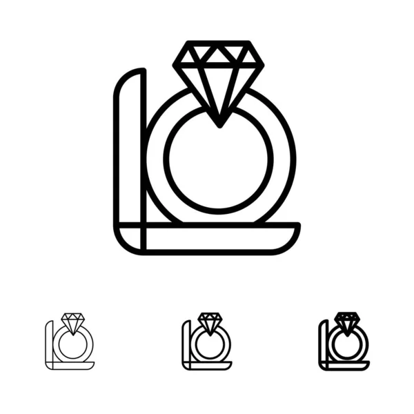 Bague, Diamant, Cadeau, Boîte Ensemble d'icônes de ligne noire — Image vectorielle
