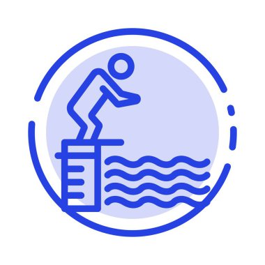 Dalış, sıçrama, Platform, havuz, spor mavi noktalı çizgi çizgisi simgesi