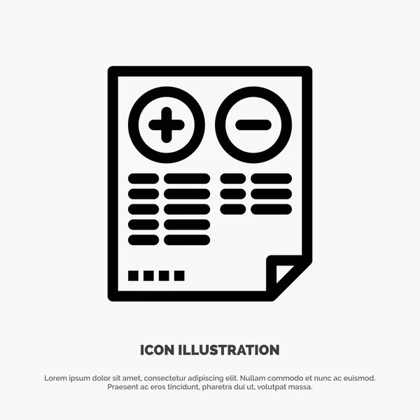 Pros, Contras, Documento, Más, Menos Vector Line Icono — Vector de stock