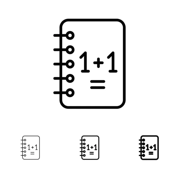 Bildung, Notizbuch, Notizblock, 1 + 1 fettes und dünnes schwarzes Linien-Symbol — Stockvektor