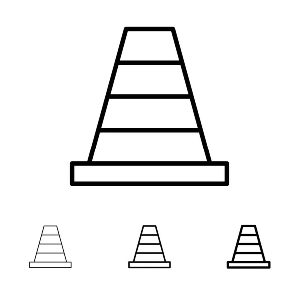 Cone, Construção, Ferramenta negrito e fino conjunto de ícones de linha preta — Vetor de Stock