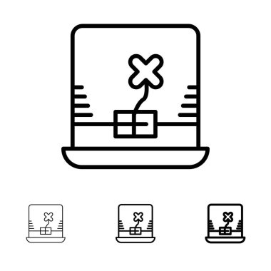 Laptop, Bilgisayar, İrlanda Kalın ve ince siyah çizgi simge seti