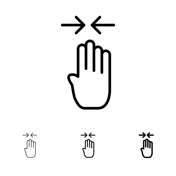 Pijl, vier vingers, gebaar, knijp vet en dun zwart lijn pictogram — Stockvector