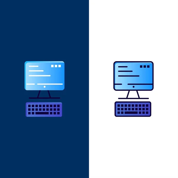Počítač, klávesnice, monitor, počítačové ikony. Rovinná a čárová výplň — Stockový vektor