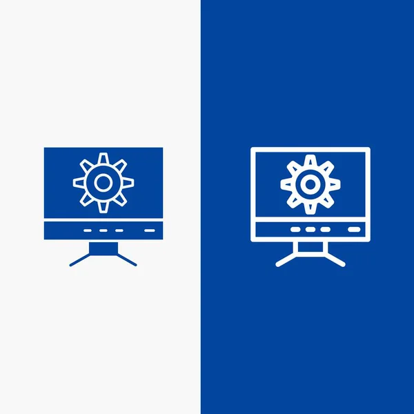 Ikona počítač, nastavení, návrhový řádek a piktogram plná modrá vlajka — Stockový vektor