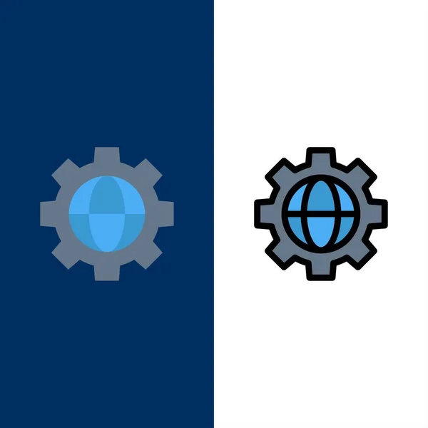 Engrenagem, Ajuste, Ícones Globo. Conjunto de ícones de preenchimento plano e linha Vecto —  Vetores de Stock