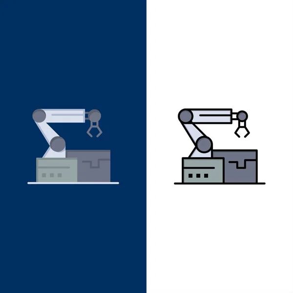 Automatizado, Robótico, Brazo, Iconos de Tecnología. Llano y llenado de línea — Vector de stock