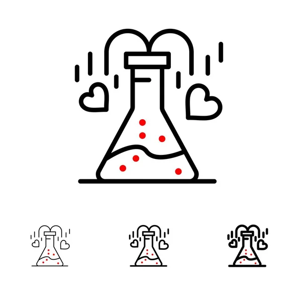 Produit chimique, Flacon, Coeur, Amour Ensemble d'icônes de ligne noire — Image vectorielle