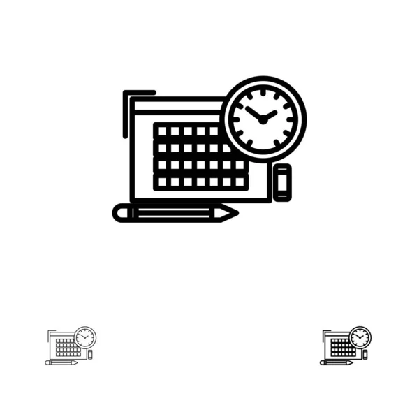 Tijd, bestand, pen, focus vet en dunne zwarte lijn icon set — Stockvector