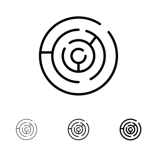 Cirkel, Cirkel doolhof, Labyrint, doolhof vet en dunne zwarte lijn ic — Stockvector