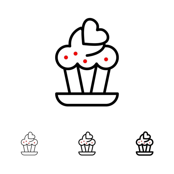 Cupcake, ciasto, miłość pogrubienie i cienka Czarna linia ikona zestaw — Wektor stockowy