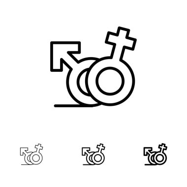Cinsiyet, Sembol, Erkek, Kadın Kalın ve ince siyah çizgi simge seti