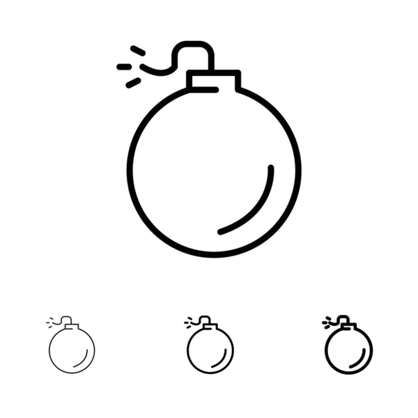 Bomba, Explosivo, Explosión Negrita y delgada línea negra icono conjunto — Vector de stock