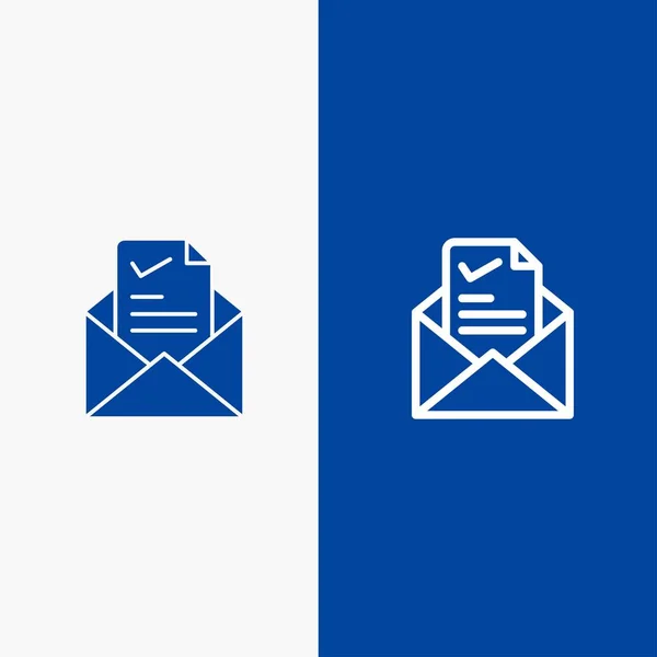 Correo, correo electrónico, trabajo, garrapata, buena línea y glifo sólido icono azul bann — Archivo Imágenes Vectoriales