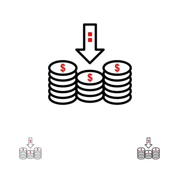 Monete, Contanti, Soldi, Giù, Freccia Grassetto e sottile linea nera icona se — Vettoriale Stock