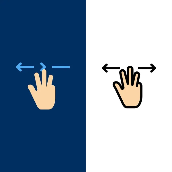 Χειρονομίες, χέρι, κινητό, τρία δάχτυλα εικονίδια. Επίπεδη και γραμμή γεμίσματος — Διανυσματικό Αρχείο