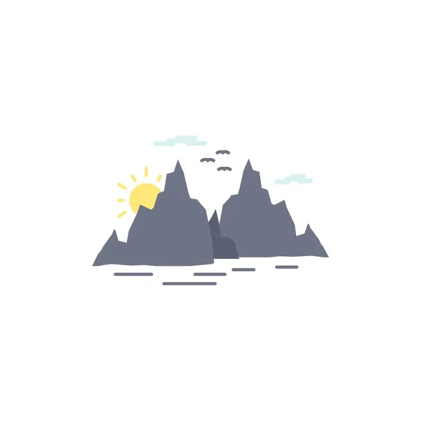 Berg, heuvel, landschap, natuur, zon plat kleur pictogram vector — Stockvector