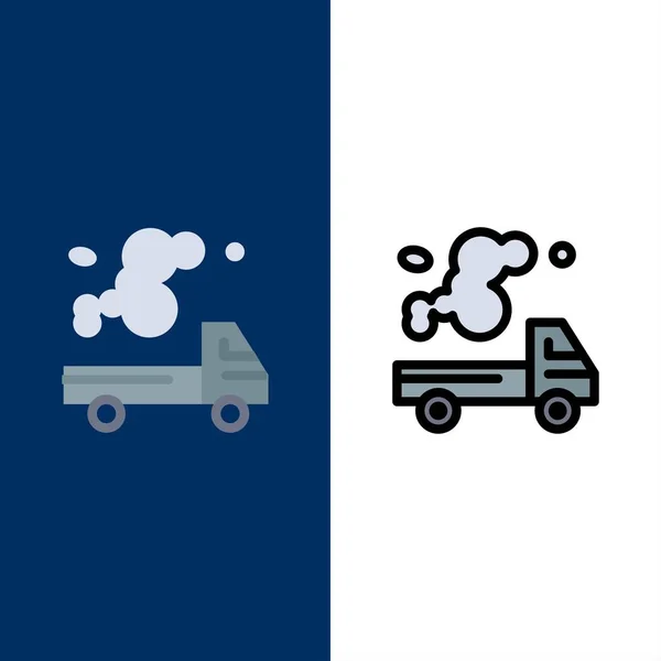 Automobil, Ciężarówka, Emisja, Gaz, Ikony zanieczyszczenia. Płaskie i Lin — Wektor stockowy