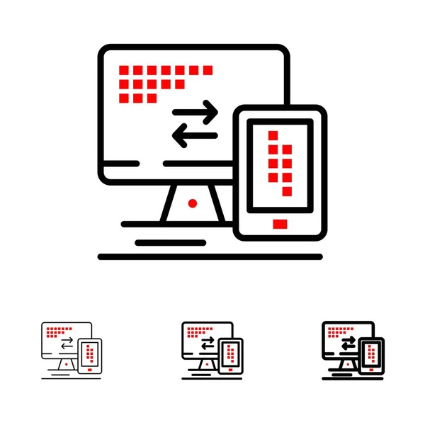 Computer, Monitor, Handy, Zelle fett und dünne schwarze Linie Symbol se — Stockvektor