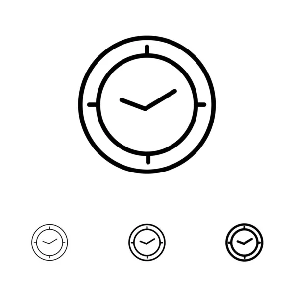 Uhr, Uhrzeit, Timer, Uhr fett und dünne schwarze Linie Icon Set — Stockvektor