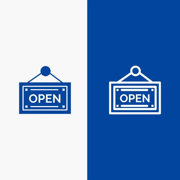 Abrir, Loja, Linha de Tabuleiro e Glyph Ícone sólido Banner azul — Vetor de Stock