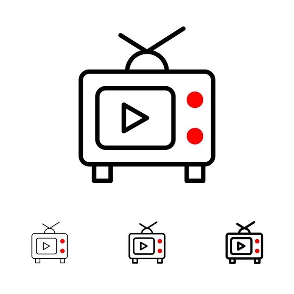 TV, Telewizja, grać, wideo pogrubienie i cienka Czarna linia ikona zestaw — Wektor stockowy
