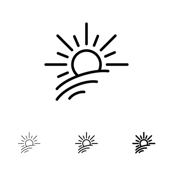 Parlaklık, Işık, Güneş, Bahar Kalın ve ince siyah çizgi simgesi seti — Stok Vektör
