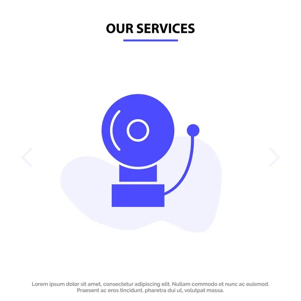 Nuestros Servicios Alarma, Campana, Escuela Glifo Sólido Icono Tarjeta Web Templ — Vector de stock