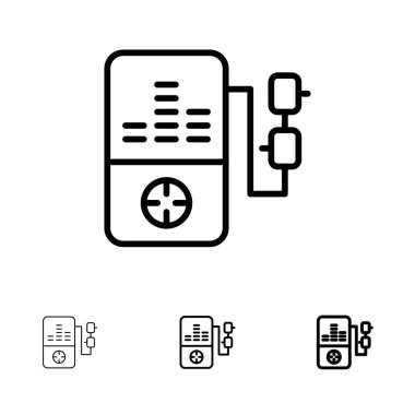 Müzik, Mp3, Çal, Eğitim Kalın ve ince siyah çizgi simge seti
