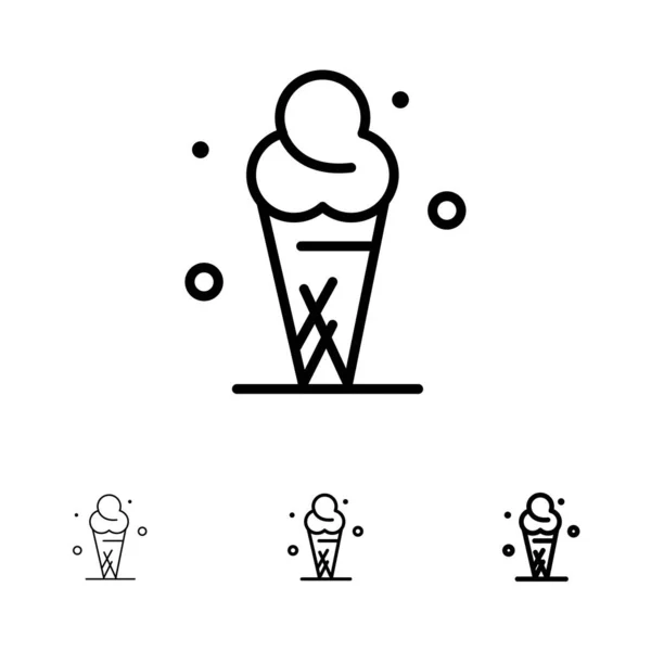 Dondurma, Krema, Dondurma, Koni Kalın ve ince siyah çizgi simge seti — Stok Vektör