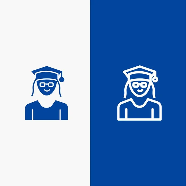 帽， 教育， 毕业， 妇女线和字形固体图标蓝色 — 图库矢量图片