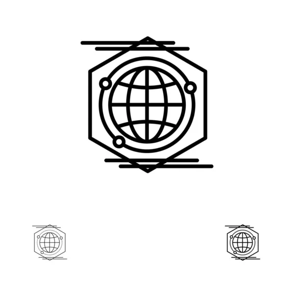 Globe, Poligon, Space, Ötlet Merész és vékony fekete vonal ikon készlet — Stock Vector
