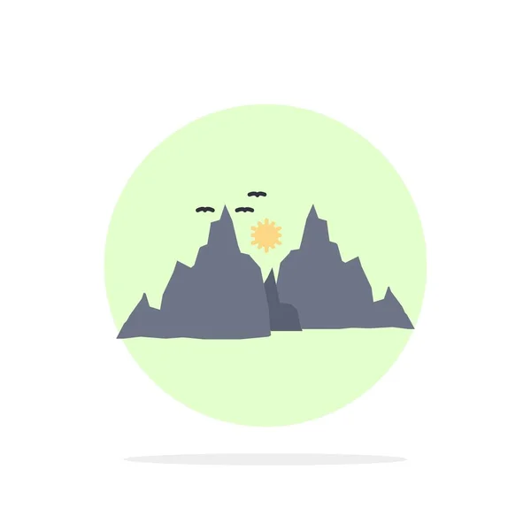 Βουνό, τοπίο, λόφος, φύση, ήλιος επίπεδη χρώμα εικονίδιο διάνυσμα — Διανυσματικό Αρχείο