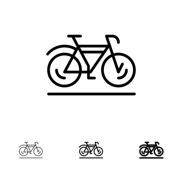 Fiets, beweging, lopen, sport vet en dunne zwarte lijn icon set — Stockvector