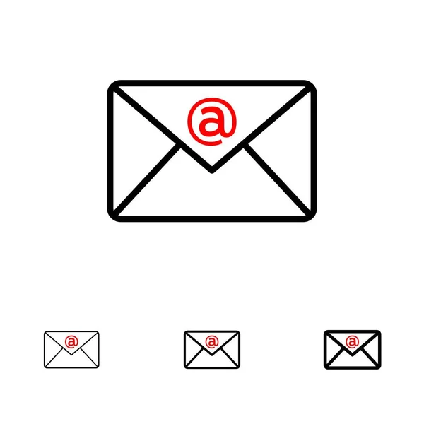 E-posta, Gelen Kutusu, Posta Kalın ve ince siyah çizgi simgesi kümesi — Stok Vektör