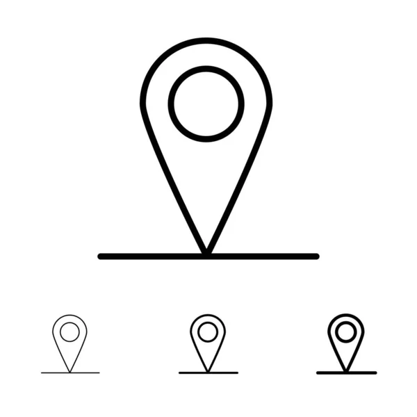 Locatie, kaart, Interface vet en dunne zwarte lijn icon set — Stockvector