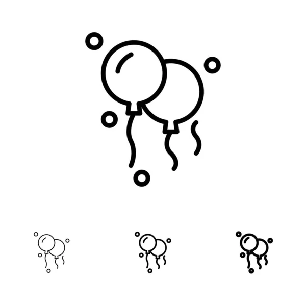 Ballonnen, decoratie vet en dunne zwarte lijn icon set — Stockvector