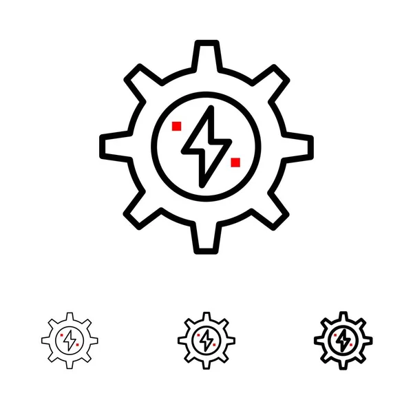 Engrenage, énergie, solaire, énergie Ensemble d'icônes en gras et mince ligne noire — Image vectorielle