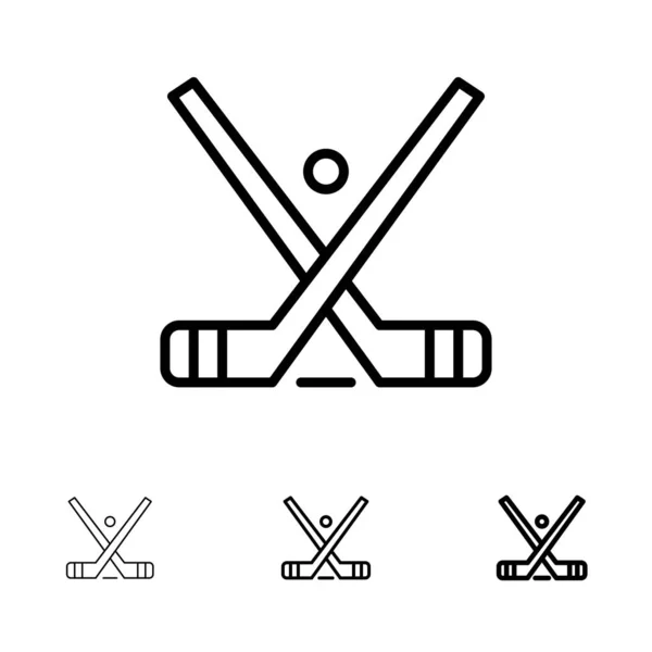 Emblema, Hockey, Hielo, Palo, Palos Icono de línea negra fuerte y delgada — Vector de stock